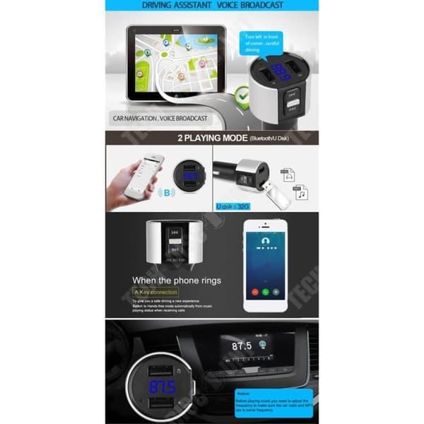TD® Bluetooth-sändare FM-radio Handsfree-kompatibel bil USB SD-kortläsare Smart trådlös laddare Cigarettändare