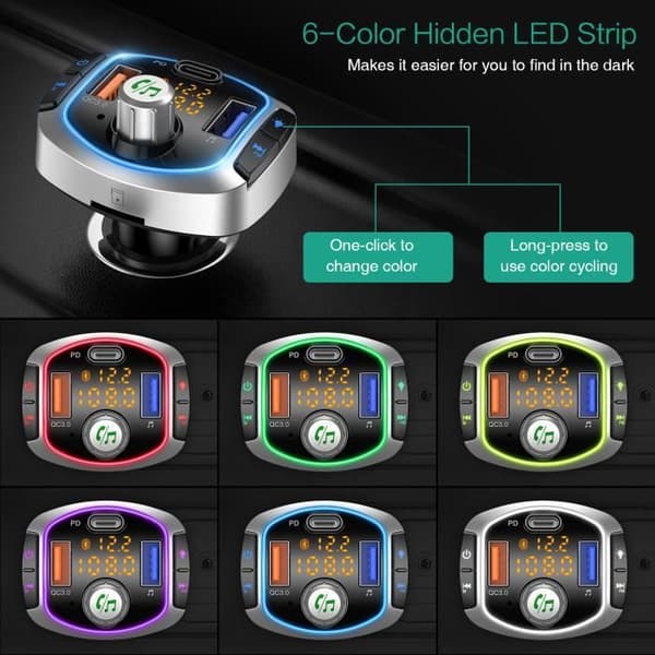 Bluetooth FM-sändare, Bluetooth-handsfree-bilsats med USB QC3.0 + Cigarettändarutladdare av typ C, stöd för TF-kort/USB-minne