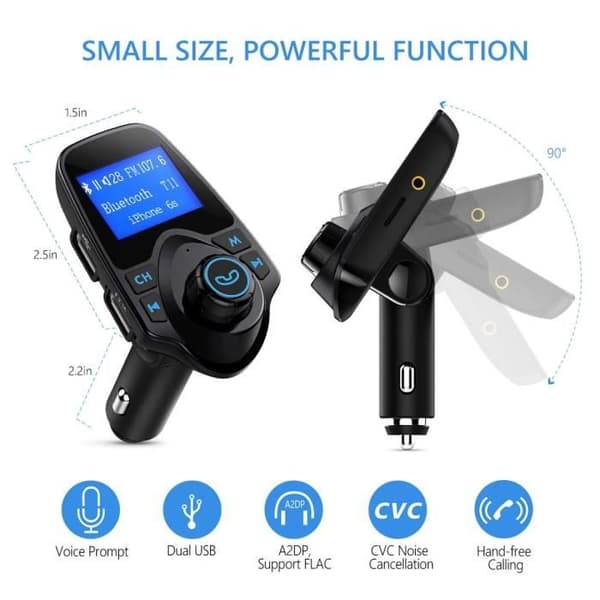 Bluetooth FM-sändare, handsfree trådlös bilsats radioadapter med USB billaddare och 1,44 tums skärm - svart