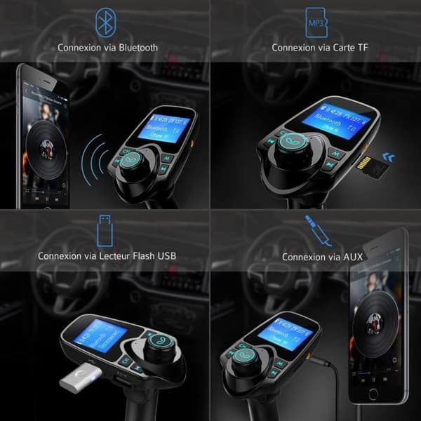 Bluetooth FM-sändare, handsfree trådlös bilsats radioadapter med USB billaddare och 1,44 tums skärm - svart