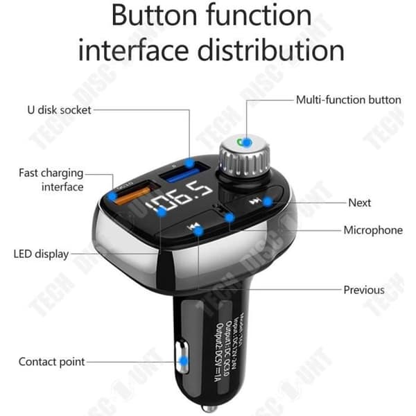 TD® Bluetooth FM-sändare för bil, trådlös Bluetooth-adapter med handsfreesats och snabbladdare 3.0 - Biltillbehör