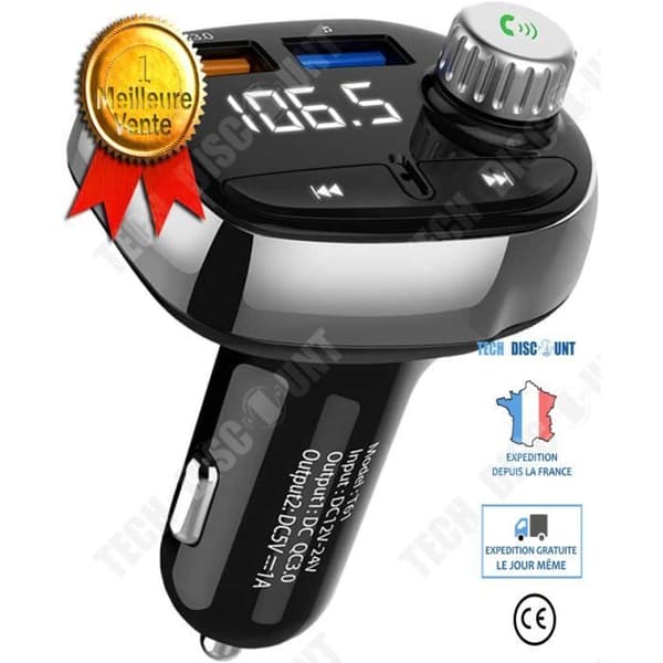 TD® Bluetooth FM-sändare för bil, trådlös Bluetooth-adapter med handsfreesats och snabbladdare 3.0 - Biltillbehör