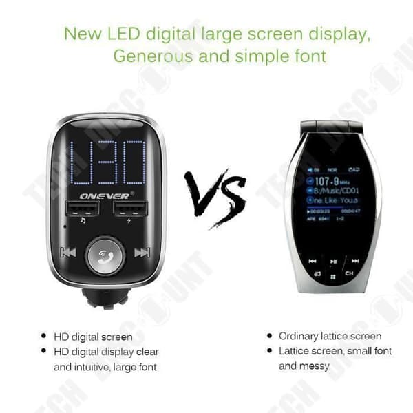 TD® FM-sändarmodulator Stor skärm Roterande Bluetooth-bilsats MP3-musikspelare med 3,4A dubbel USB-laddare