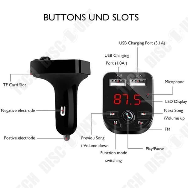 TD® FM-sändare Bluetooth-adapter, Bluetooth-bilradiobilsats Handsfree trådlös radioadapter med dubbla USB-portar