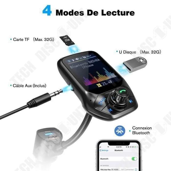 TD® Bluetooth 3 USB FM-adaptersändare för bil med snabbladdning, 1,8” skärm-handsfree-kit och FM-frekvensinställning