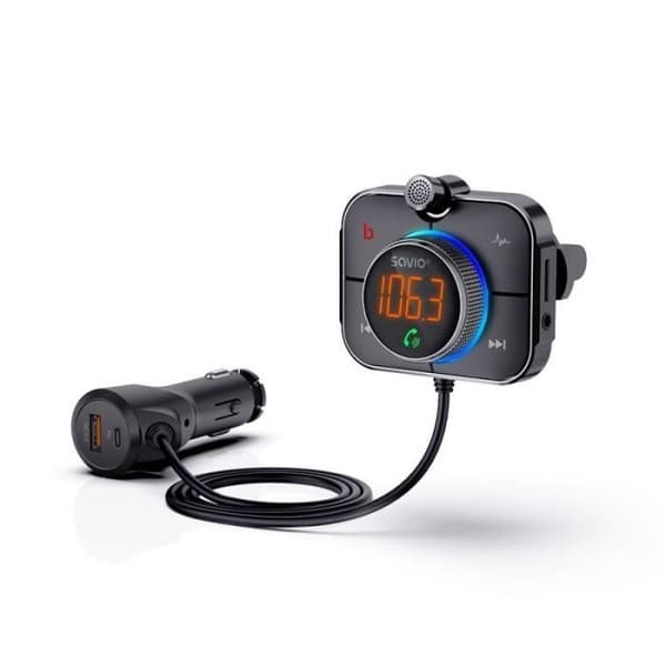SAVIO FM-sändare, Bluetooth 5.0, QC/PD 3.0 laddare, ENC, AUX OUT, Micro SD, , svart - TR-14