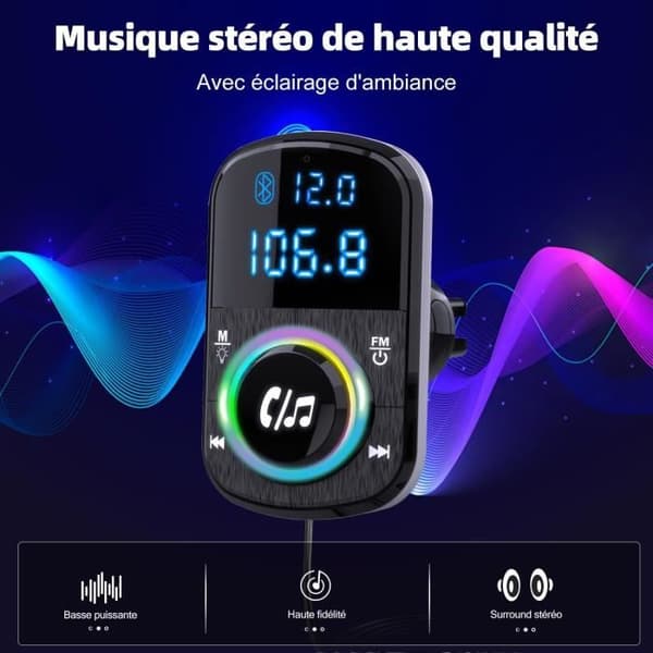 FM-sändare GizmoVine, Bluetooth bil, handsfree-stöd, snabb laddare QC3.0 och PDLjus, ambient belysning, bas och klämma för bil-A