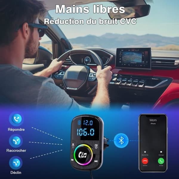 FM-sändare GizmoVine, Bluetooth bil, handsfree-stöd, snabb laddare QC3.0 och PDLjus, ambient belysning, bas och klämma för bil-A