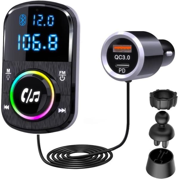 FM-sändare GizmoVine, Bluetooth bil, handsfree-stöd, snabb laddare QC3.0 och PDLjus, ambient belysning, bas och klämma för bil-A