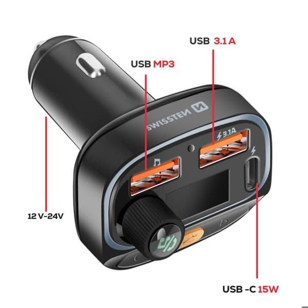 FM-sändare Bluetooth 5.3 Snabbladdning 15.5W RGB och MP3-uppspelning Swissten Svart