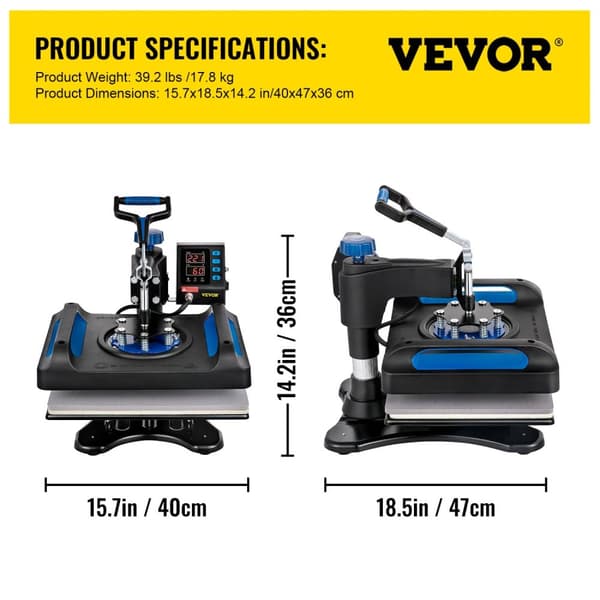 Varmepresser, Dobbelt-rørs opvarmning, Justerbart tryk,12x15 Tommer