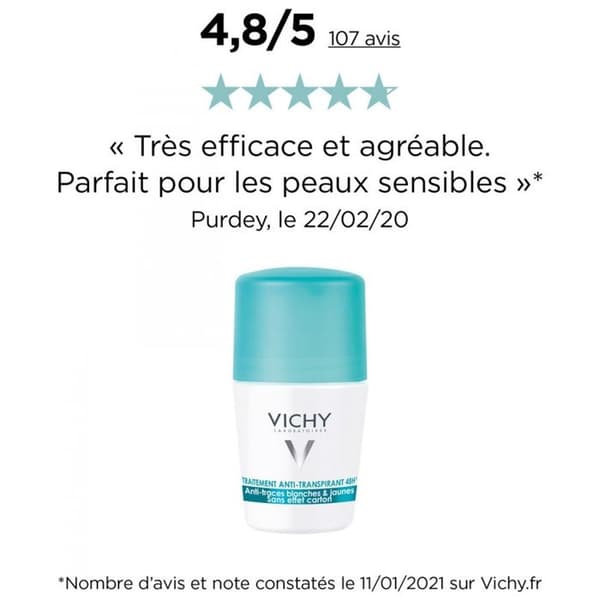 Deodorant - Vichy - Roll-On 50ml - Anti-Spår Vit & Gul - 48h - Utan aluminiumsalter