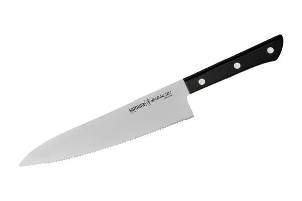 Samura HARAKIRI 8.2" Serrated Chef Knife - Premium Japansk Stål, Sort Håndtag, Præcisionsskæreredskab til Kulinariske Professionelle og Hjemmekokke
