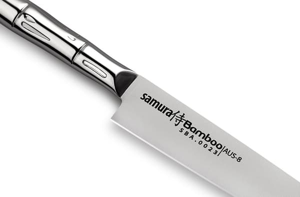 SAMURA Profi Universalkniv Ultra-skarp, stor, lavet af japansk AUS 8 rustfrit stål, 15 cm klinge, stålgreb, ergonomisk, rustfri, kokkekniv, urtekniv