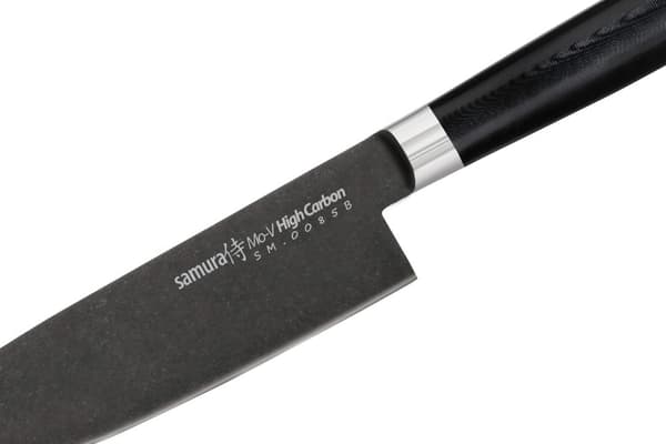 Samura MO-V Stonewash Profi Chefmesser erittäin terävä, suuri, japanilaisesta AUS 8 ruostumattomasta teräksestä, 20 cm terä, G10 hiilikuitukahvalla, y