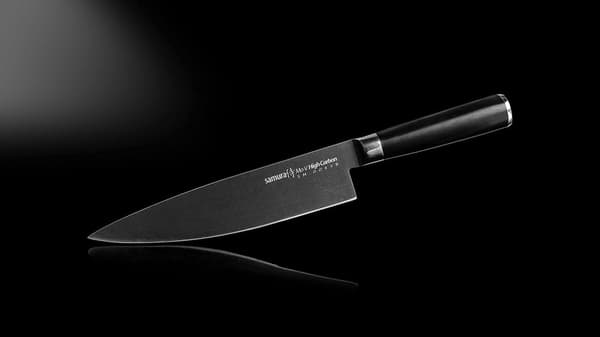 Samura MO-V Stonewash Profi Chefmesser erittäin terävä, suuri, japanilaisesta AUS 8 ruostumattomasta teräksestä, 20 cm terä, G10 hiilikuitukahvalla, y