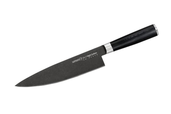 Samura MO-V Stonewash Profi Chefmesser erittäin terävä, suuri, japanilaisesta AUS 8 ruostumattomasta teräksestä, 20 cm terä, G10 hiilikuitukahvalla, y
