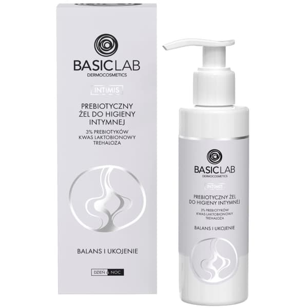 BASICLAB - Prebioottinen intiimihygieniageeli, joka sisältää 3 % prebiootteja, laktobionihappoa, trehaloosia, tasapainottavaa ja rauhoittavaa, 200 ml