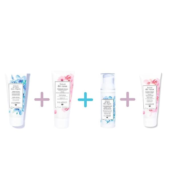 Lilaroze Paris Pack Hand Cream Extrakt av alpf blomma + Ansiktspeeling Extrakt av ros + Fluide Premiere Rides Extrakt av blomma