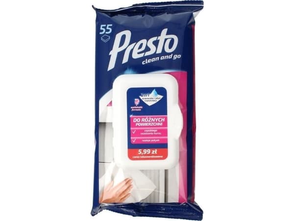 Presto Cleaning cloths+liquid 2in1 for various surfaces - pop up closure 1op.-55pcs