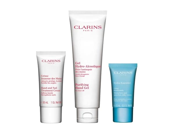 CLARINS SET (PURIFYING HAND GEL 100ML+HAND TREATMENT CREAM 30ML+HYDRA ESSENTIEL CREAM 15ML)