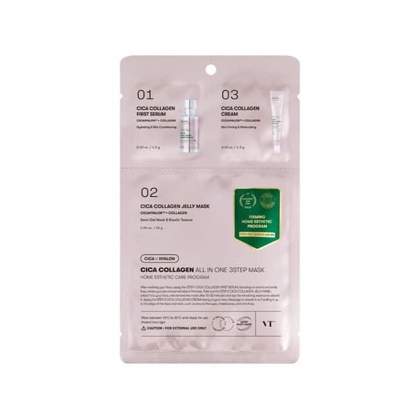 VT Cosmetics Cica Collagen All in One 3-stegsmask 3 x 1,5 g + 24 g + 1,5 g - Kollagenmask, 3 st