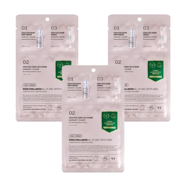 VT Cosmetics Cica Collagen All in One 3-vaiheinen naamio 3 x 1,5 g + 24 g + 1,5 g - Kollageeninaamio, 3 kpl