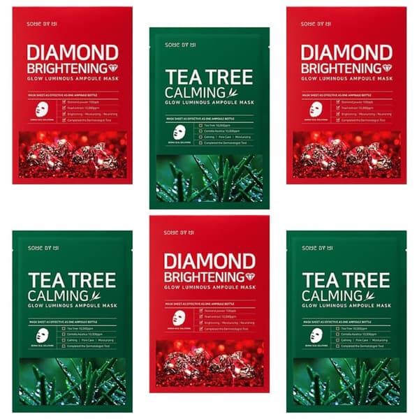6 arkkinaamion sarja Some By Mi 6 x 25 g: Diamond Brightening Calming Glow Luminous x3 + Tea Tree Calming Glow Luminous x3
