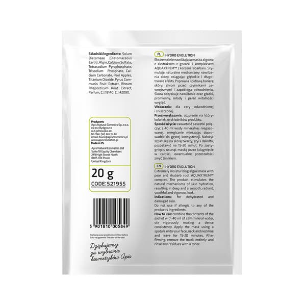 Apis Hydro Evolution, Extremt fuktgivande algmask med päron och rabarber 20 g / 5849