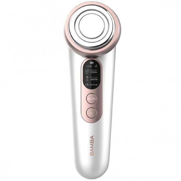 Cecotec Phototherapy facial massager with blue light and red light, heat, vibration and EMS microcurrent function. It also has a display and is batte
