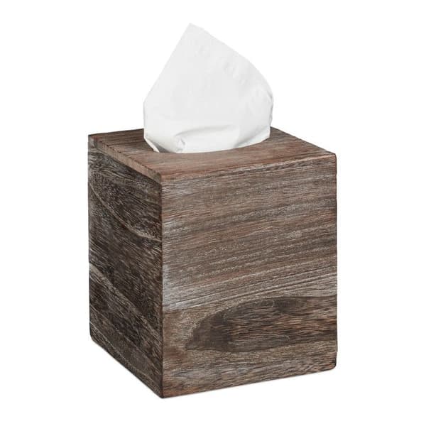 Relaxdays Square Tissue Box, Badrums Tissue Dispenser, Träkub, Shabby, HLP 16,5x14x14 cm, Brun