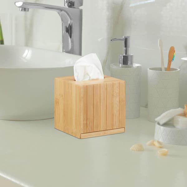 Relaxdays Square Tissue Box Bambu Wood Tissue Box HxBxD: 14 x 14 x 14 cm, Natural