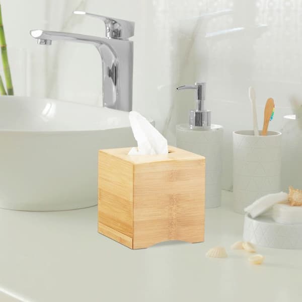 Relaxdays Square Tissue Dispenser Makeup Tissue Box Bambu Wood HxBxD: 15,5 x 14,5 x 14,5cm, Natural