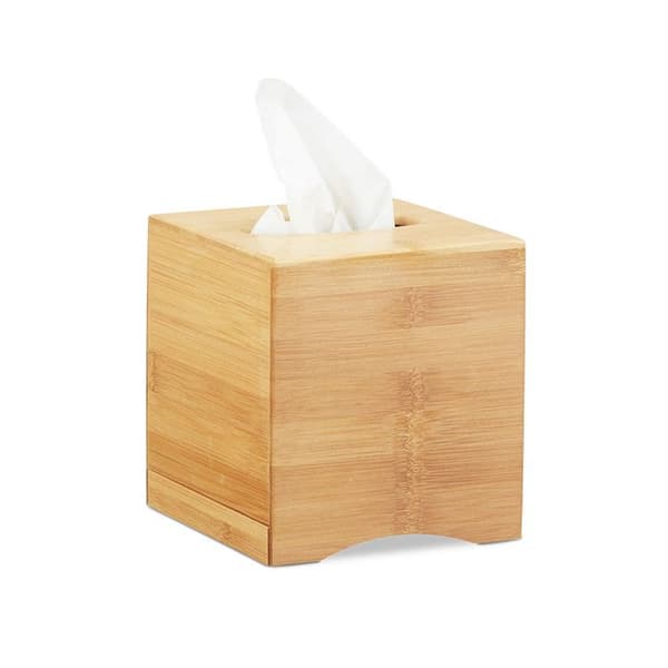 Relaxdays Square Tissue Dispenser Makeup Tissue Box Bambu Wood HxBxD: 15,5 x 14,5 x 14,5cm, Natural