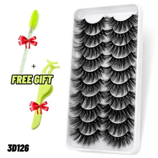 10-pair false eyelashes - 3D faux mink (3D-126) + Gift