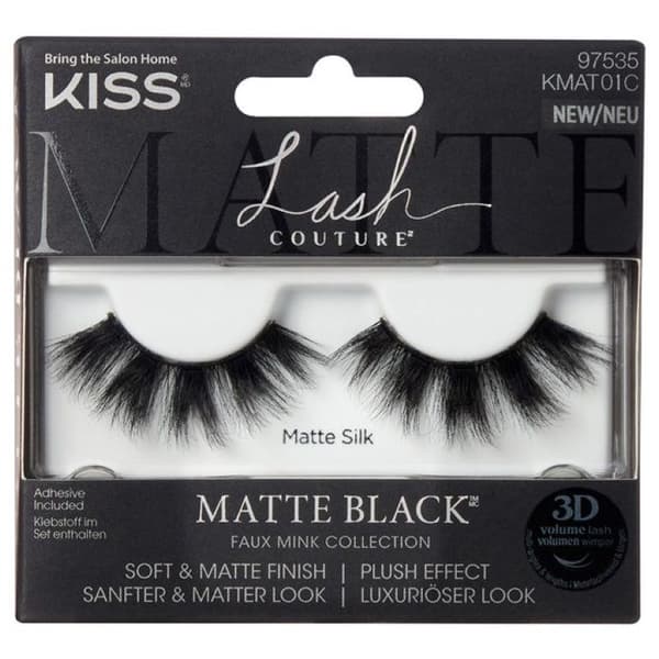 Cils Faux KISS LASH COUTURE 3D Volym Svart Matt - Siden Effekt, Lim Inkluderat
