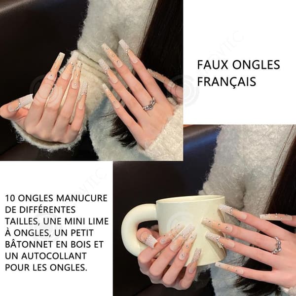 INN False Nails L 10st French Shiny Press on Nails Stick-on Bär nagelsmycken och diamantnaglar rent handgjorda