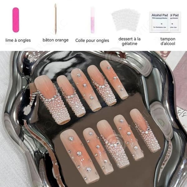 INN False Nails L 10st French Shiny Press on Nails Stick-on Bär nagelsmycken och diamantnaglar rent handgjorda