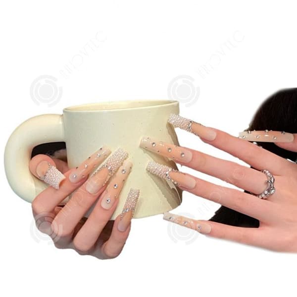 INN False Nails L 10st French Shiny Press on Nails Stick-on Bär nagelsmycken och diamantnaglar rent handgjorda