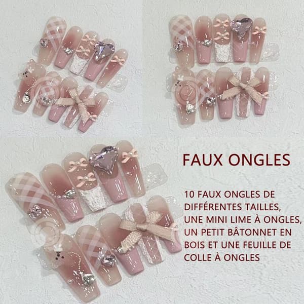 INN lösnaglar L 10 stycken Ballerina Rosa glaserade franska 3D rosett Blommor Hjärta Pärla Tryck på naglar Söta falska naglar Rent handgjorda
