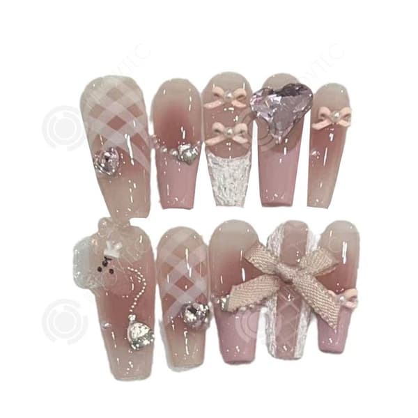 INN lösnaglar L 10 stycken Ballerina Rosa glaserade franska 3D rosett Blommor Hjärta Pärla Tryck på naglar Söta falska naglar Rent handgjorda