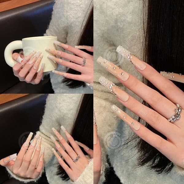 INN False Nails M 10st French Shiny Press on Nails Stick-on Bär nagelsmycken och diamantnaglar rent handgjorda
