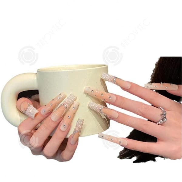 INN False Nails M 10st French Shiny Press on Nails Stick-on Bär nagelsmycken och diamantnaglar rent handgjorda
