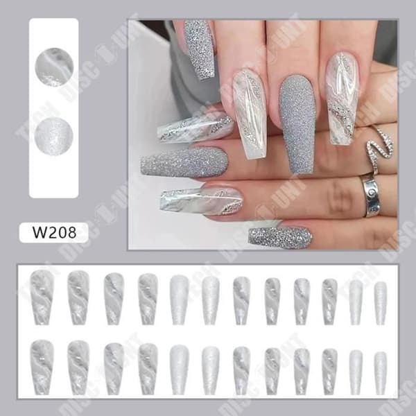 False Nails - TEKNISK RABATT - Långa balettnaglar - Marmor - Benvit - Blinkande ins - 24 stycken