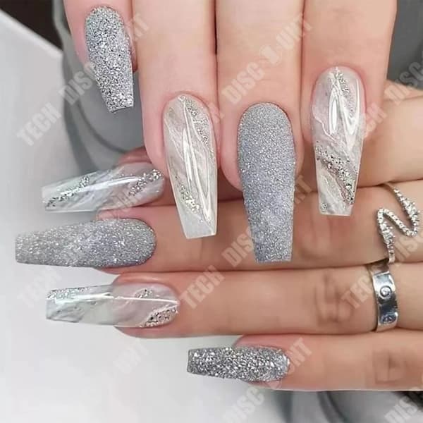 False Nails - TEKNISK RABATT - Långa balettnaglar - Marmor - Benvit - Blinkande ins - 24 stycken