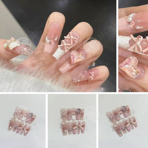 INN lösnaglar M 10 stycken Ballerina Rosa glaserade franska 3D rosett Blommor Hjärta Pärla Tryck på naglar Söta falska naglar Rent handgjorda