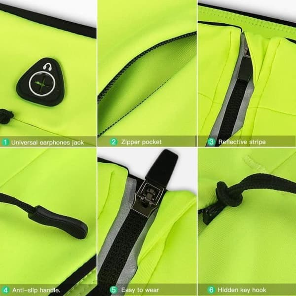 Fanny Pack med 2 fickor för sport, Shift Anti-Sweat version, Väska med Fluorescerande Bar, M, Grön