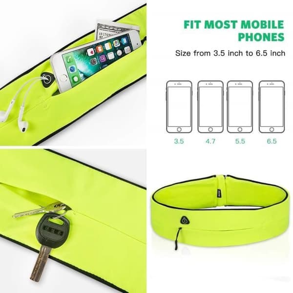 Fanny Pack med 2 fickor för sport, Shift Anti-Sweat version, Väska med Fluorescerande Bar, M, Grön
