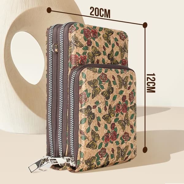 Korkväska Axelrem Triple Pocket Zip Flerfärgat fjärilsmönster