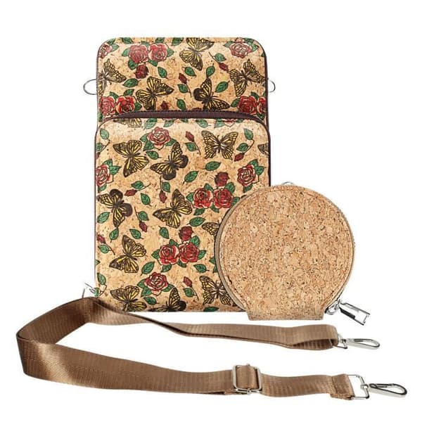 Korkväska Axelrem Triple Pocket Zip Flerfärgat fjärilsmönster